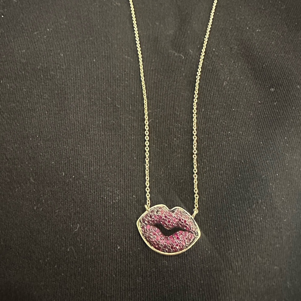 Melinda Maria Ruby Pave and Gold chain Lip Pendant Necklace